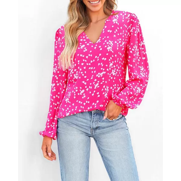 BTFBM Women Casual Boho Blouse Fashion Floral Shirts V Neck Long Puff Sleeve Lightweight Chiffon Summer Fall Tops 2024White Flower Rose Red