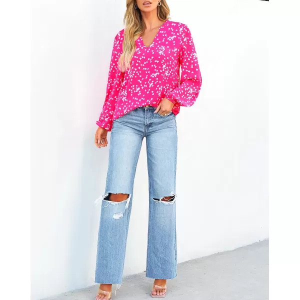 BTFBM Women Casual Boho Blouse Fashion Floral Shirts V Neck Long Puff Sleeve Lightweight Chiffon Summer Fall Tops 2024White Flower Rose Red