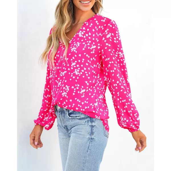 BTFBM Women Casual Boho Blouse Fashion Floral Shirts V Neck Long Puff Sleeve Lightweight Chiffon Summer Fall Tops 2024White Flower Rose Red