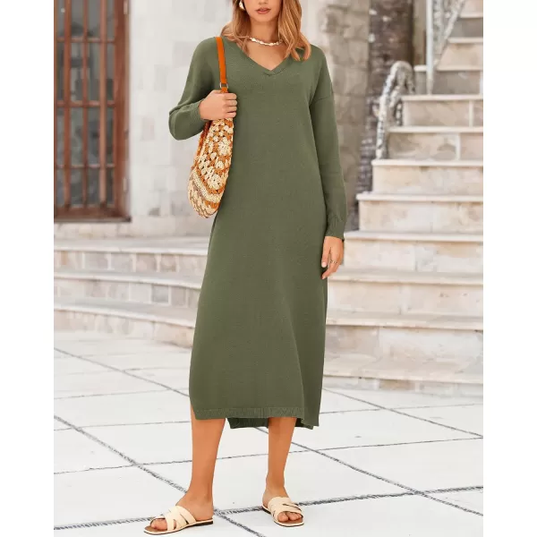 BTFBM Women Fall Sweater Dress V Neck Long Sleeve Slit Maxi Dresses Casual Knit Oversized Sweaters 2024 Winter ClothesSolid Army Green