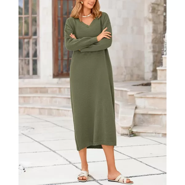 BTFBM Women Fall Sweater Dress V Neck Long Sleeve Slit Maxi Dresses Casual Knit Oversized Sweaters 2024 Winter ClothesSolid Army Green