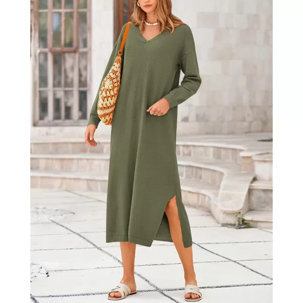 BTFBM Women Fall Sweater Dress V Neck Long Sleeve Slit Maxi Dresses Casual Knit Oversized Sweaters 2024 Winter ClothesSolid Army Green