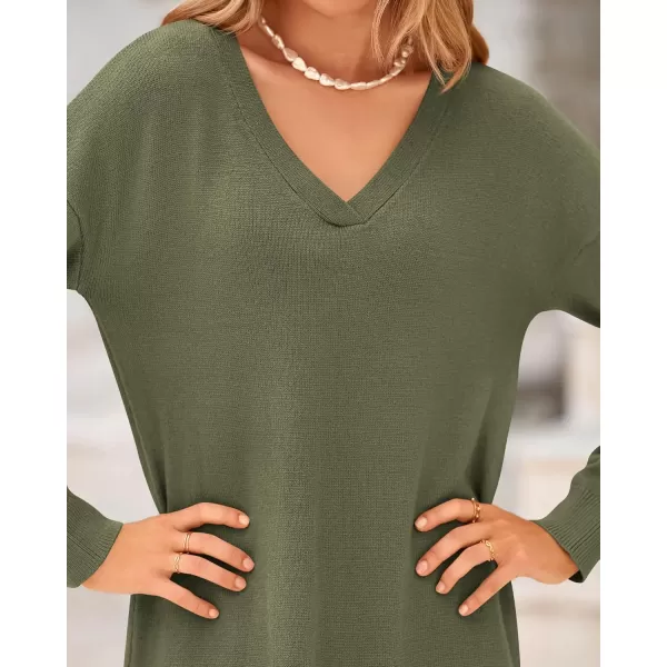 BTFBM Women Fall Sweater Dress V Neck Long Sleeve Slit Maxi Dresses Casual Knit Oversized Sweaters 2024 Winter ClothesSolid Army Green