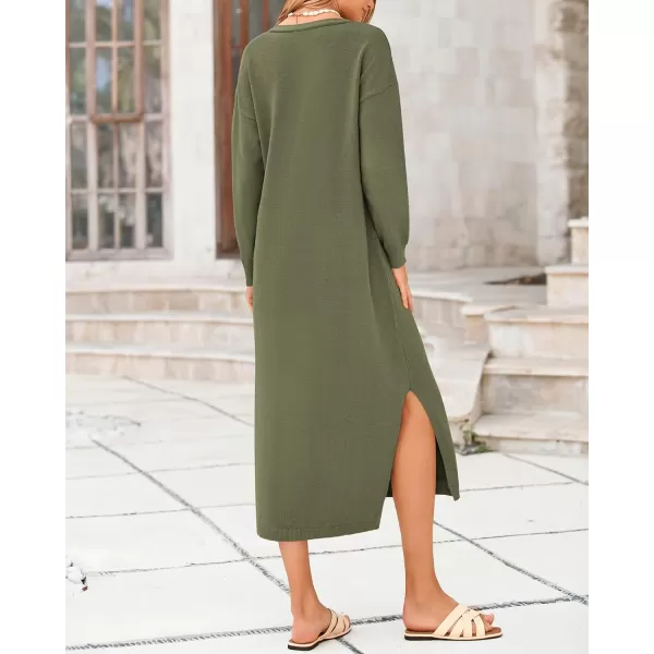 BTFBM Women Fall Sweater Dress V Neck Long Sleeve Slit Maxi Dresses Casual Knit Oversized Sweaters 2024 Winter ClothesSolid Army Green
