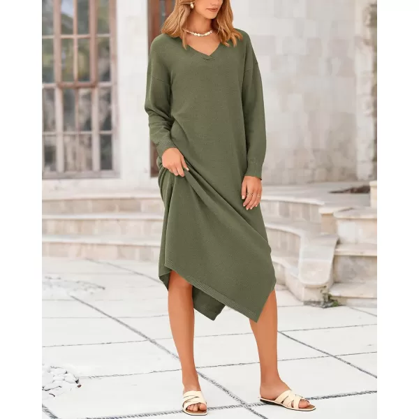 BTFBM Women Fall Sweater Dress V Neck Long Sleeve Slit Maxi Dresses Casual Knit Oversized Sweaters 2024 Winter ClothesSolid Army Green