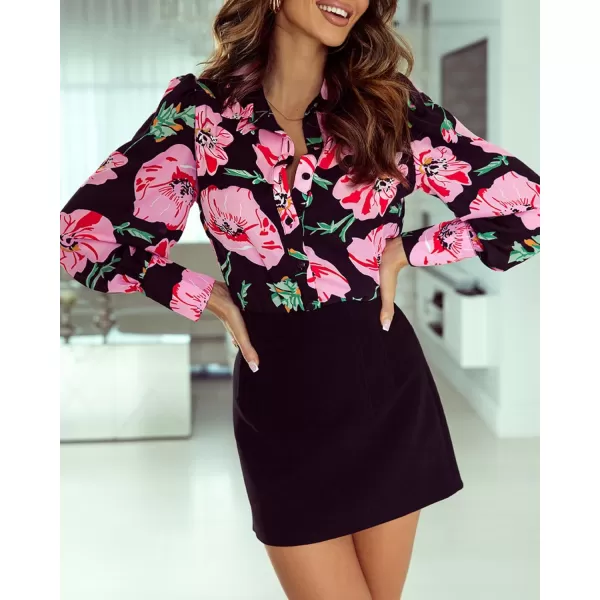 BTFBM Women Fashion Button Down Shirts Lapel V Neck Printed Solid Boho Long Sleeve Blouses Dressy Casual Summer Fall TopBig Floral Black Pink
