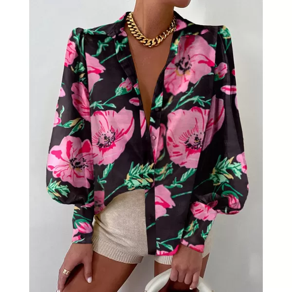 BTFBM Women Fashion Button Down Shirts Lapel V Neck Printed Solid Boho Long Sleeve Blouses Dressy Casual Summer Fall TopBig Floral Black Pink