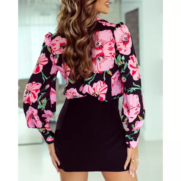 BTFBM Women Fashion Button Down Shirts Lapel V Neck Printed Solid Boho Long Sleeve Blouses Dressy Casual Summer Fall TopBig Floral Black Pink