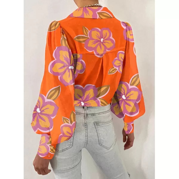 BTFBM Women Fashion Button Down Shirts Lapel V Neck Printed Solid Boho Long Sleeve Blouses Dressy Casual Summer Fall TopFloral Orange Purple
