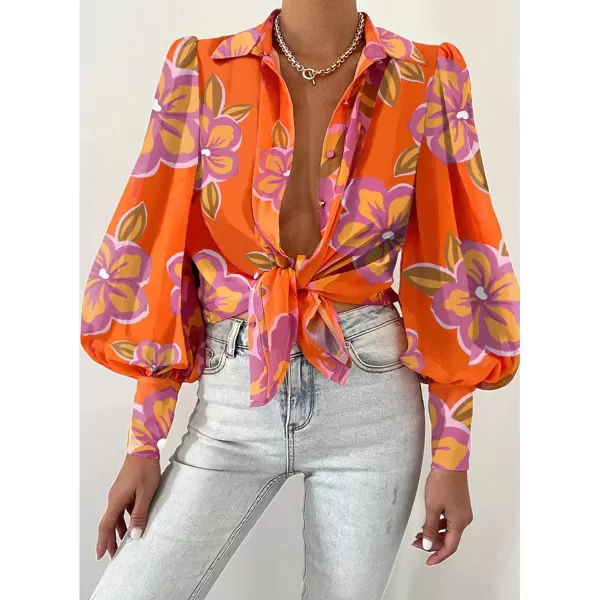 BTFBM Women Fashion Button Down Shirts Lapel V Neck Printed Solid Boho Long Sleeve Blouses Dressy Casual Summer Fall TopFloral Orange Purple