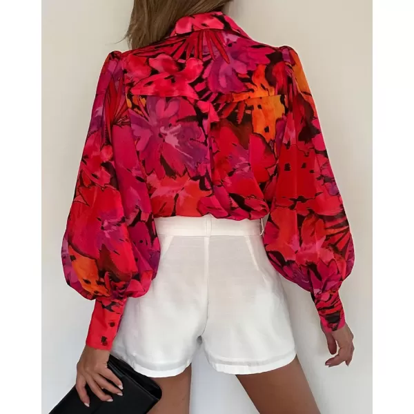 BTFBM Women Fashion Button Down Shirts Lapel V Neck Printed Solid Boho Long Sleeve Blouses Dressy Casual Summer Fall TopFloral Red