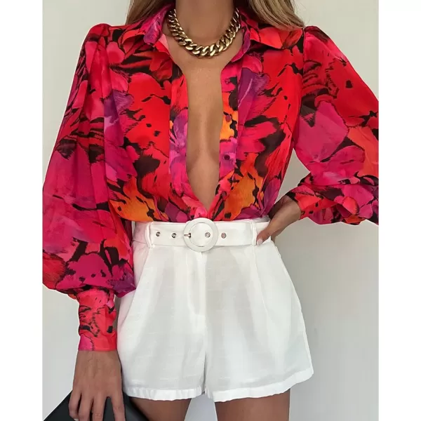 BTFBM Women Fashion Button Down Shirts Lapel V Neck Printed Solid Boho Long Sleeve Blouses Dressy Casual Summer Fall TopFloral Red