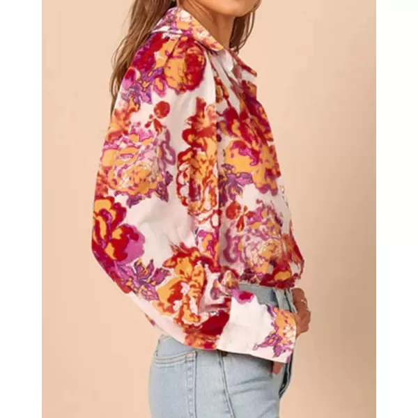 BTFBM Women Fashion Button Down Shirts Lapel V Neck Printed Solid Boho Long Sleeve Blouses Dressy Casual Summer Fall TopFloral White Red