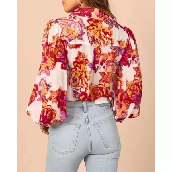 BTFBM Women Fashion Button Down Shirts Lapel V Neck Printed Solid Boho Long Sleeve Blouses Dressy Casual Summer Fall TopFloral White Red