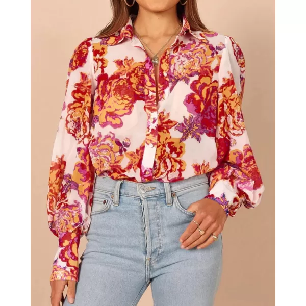 BTFBM Women Fashion Button Down Shirts Lapel V Neck Printed Solid Boho Long Sleeve Blouses Dressy Casual Summer Fall TopFloral White Red