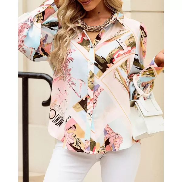 BTFBM Women Fashion Button Down Shirts Lapel V Neck Printed Solid Boho Long Sleeve Blouses Dressy Casual Summer Fall TopGraphic Print