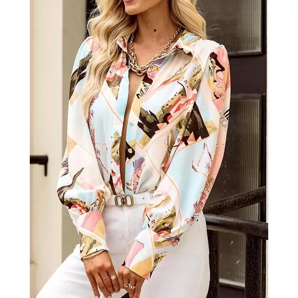 BTFBM Women Fashion Button Down Shirts Lapel V Neck Printed Solid Boho Long Sleeve Blouses Dressy Casual Summer Fall TopGraphic Print