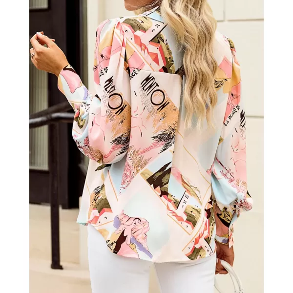 BTFBM Women Fashion Button Down Shirts Lapel V Neck Printed Solid Boho Long Sleeve Blouses Dressy Casual Summer Fall TopGraphic Print