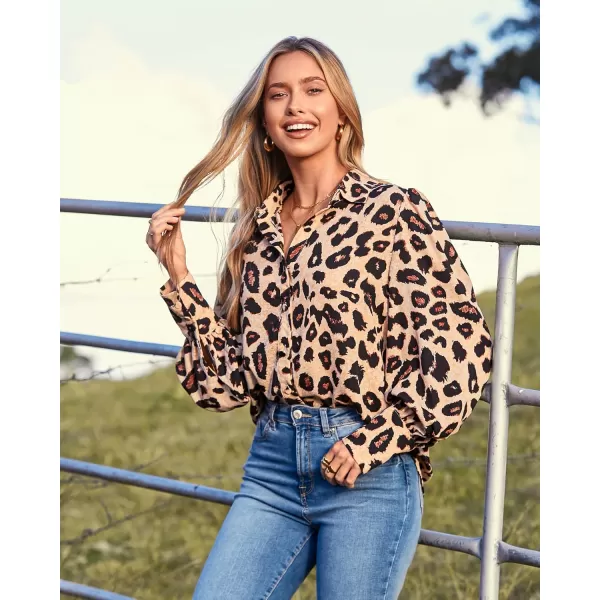 BTFBM Women Fashion Button Down Shirts Lapel V Neck Printed Solid Boho Long Sleeve Blouses Dressy Casual Summer Fall TopLeopard Print