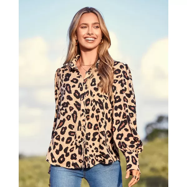 BTFBM Women Fashion Button Down Shirts Lapel V Neck Printed Solid Boho Long Sleeve Blouses Dressy Casual Summer Fall TopLeopard Print