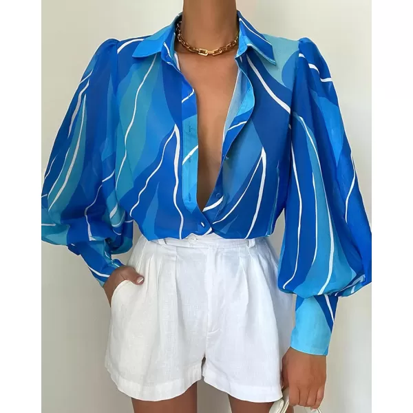 BTFBM Women Fashion Button Down Shirts Lapel V Neck Printed Solid Boho Long Sleeve Blouses Dressy Casual Summer Fall TopMulti Blue