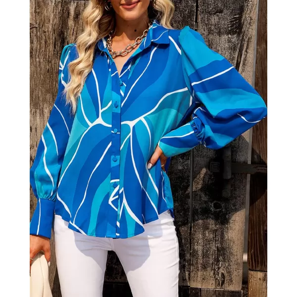 BTFBM Women Fashion Button Down Shirts Lapel V Neck Printed Solid Boho Long Sleeve Blouses Dressy Casual Summer Fall TopMulti Blue
