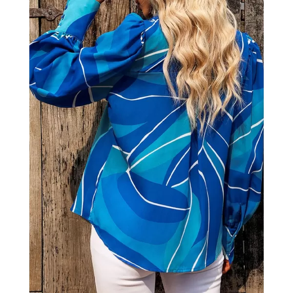 BTFBM Women Fashion Button Down Shirts Lapel V Neck Printed Solid Boho Long Sleeve Blouses Dressy Casual Summer Fall TopMulti Blue