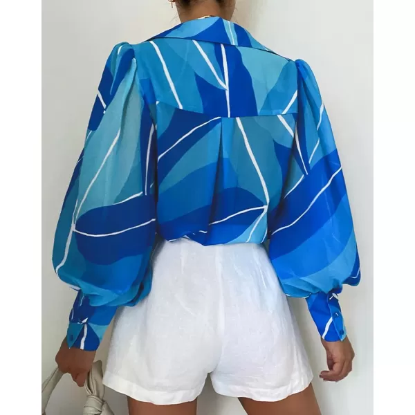 BTFBM Women Fashion Button Down Shirts Lapel V Neck Printed Solid Boho Long Sleeve Blouses Dressy Casual Summer Fall TopMulti Blue