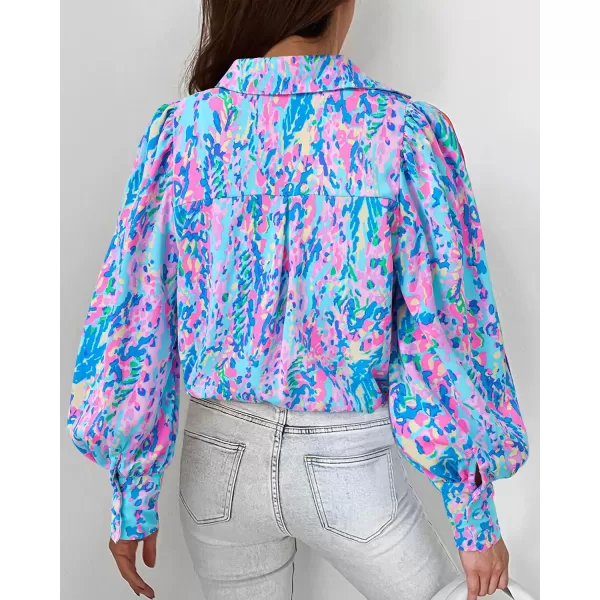 BTFBM Women Fashion Button Down Shirts Lapel V Neck Printed Solid Boho Long Sleeve Blouses Dressy Casual Summer Fall TopMulti Blue Pink
