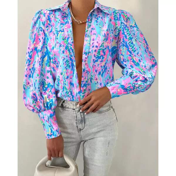 BTFBM Women Fashion Button Down Shirts Lapel V Neck Printed Solid Boho Long Sleeve Blouses Dressy Casual Summer Fall TopMulti Blue Pink
