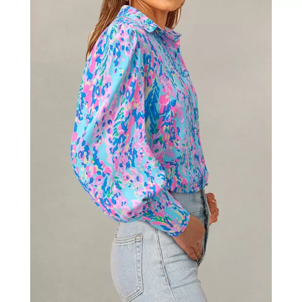BTFBM Women Fashion Button Down Shirts Lapel V Neck Printed Solid Boho Long Sleeve Blouses Dressy Casual Summer Fall TopMulti Blue Pink