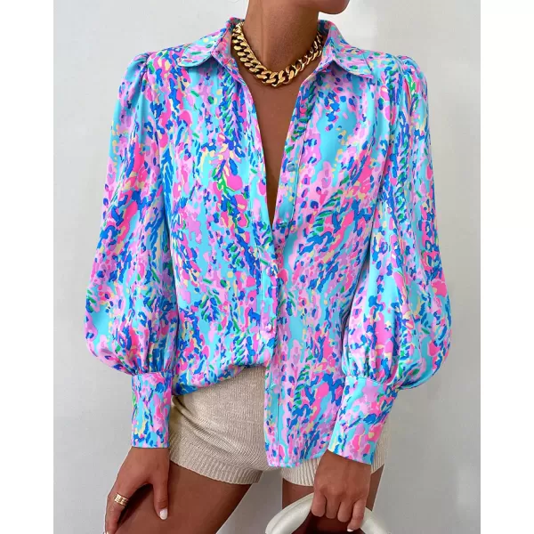 BTFBM Women Fashion Button Down Shirts Lapel V Neck Printed Solid Boho Long Sleeve Blouses Dressy Casual Summer Fall TopMulti Blue Pink