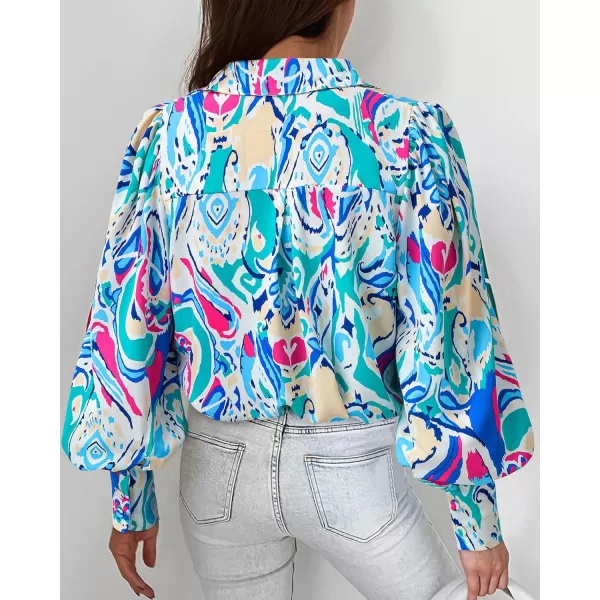 BTFBM Women Fashion Button Down Shirts Lapel V Neck Printed Solid Boho Long Sleeve Blouses Dressy Casual Summer Fall TopMulti Green Blue