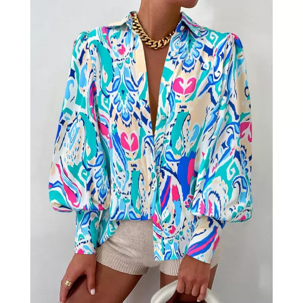 BTFBM Women Fashion Button Down Shirts Lapel V Neck Printed Solid Boho Long Sleeve Blouses Dressy Casual Summer Fall TopMulti Green Blue