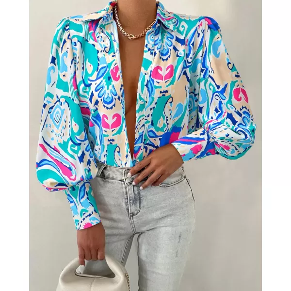 BTFBM Women Fashion Button Down Shirts Lapel V Neck Printed Solid Boho Long Sleeve Blouses Dressy Casual Summer Fall TopMulti Green Blue