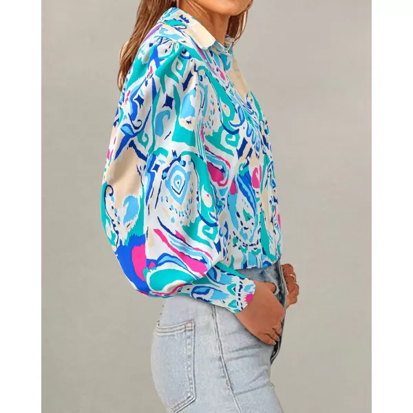 BTFBM Women Fashion Button Down Shirts Lapel V Neck Printed Solid Boho Long Sleeve Blouses Dressy Casual Summer Fall TopMulti Green Blue