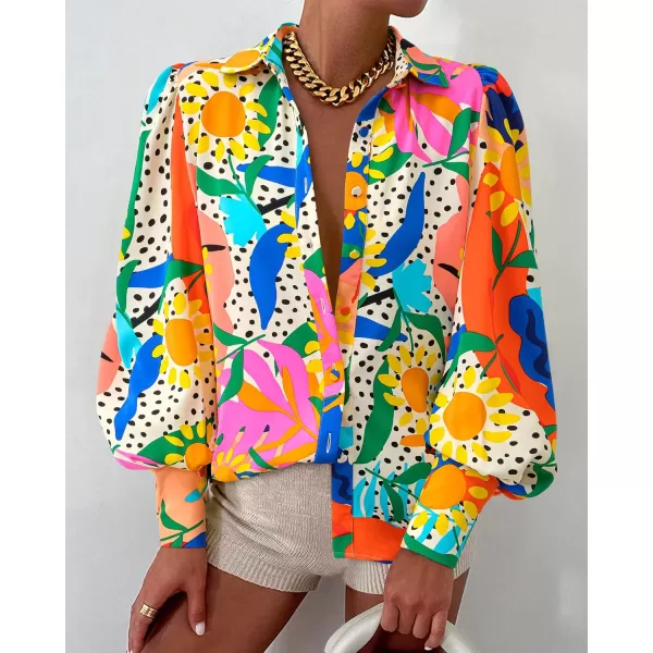 BTFBM Women Fashion Button Down Shirts Lapel V Neck Printed Solid Boho Long Sleeve Blouses Dressy Casual Summer Fall TopMulti Orange