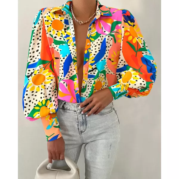 BTFBM Women Fashion Button Down Shirts Lapel V Neck Printed Solid Boho Long Sleeve Blouses Dressy Casual Summer Fall TopMulti Orange
