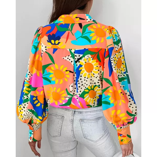 BTFBM Women Fashion Button Down Shirts Lapel V Neck Printed Solid Boho Long Sleeve Blouses Dressy Casual Summer Fall TopMulti Orange