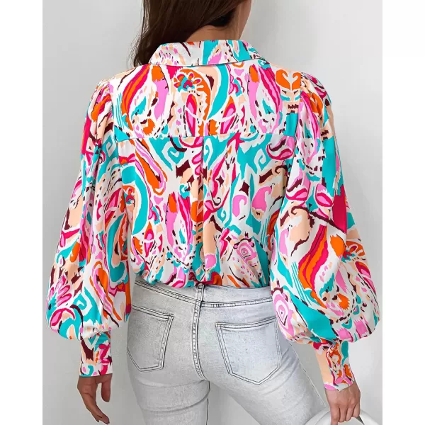 BTFBM Women Fashion Button Down Shirts Lapel V Neck Printed Solid Boho Long Sleeve Blouses Dressy Casual Summer Fall TopMulti Pink Green