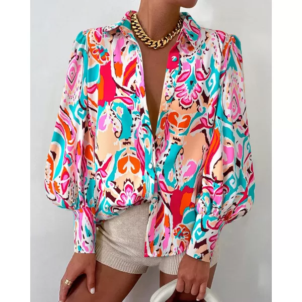 BTFBM Women Fashion Button Down Shirts Lapel V Neck Printed Solid Boho Long Sleeve Blouses Dressy Casual Summer Fall TopMulti Pink Green