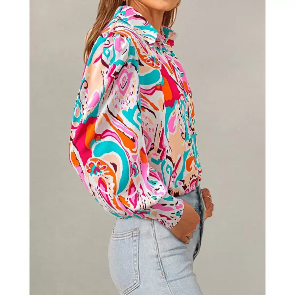 BTFBM Women Fashion Button Down Shirts Lapel V Neck Printed Solid Boho Long Sleeve Blouses Dressy Casual Summer Fall TopMulti Pink Green