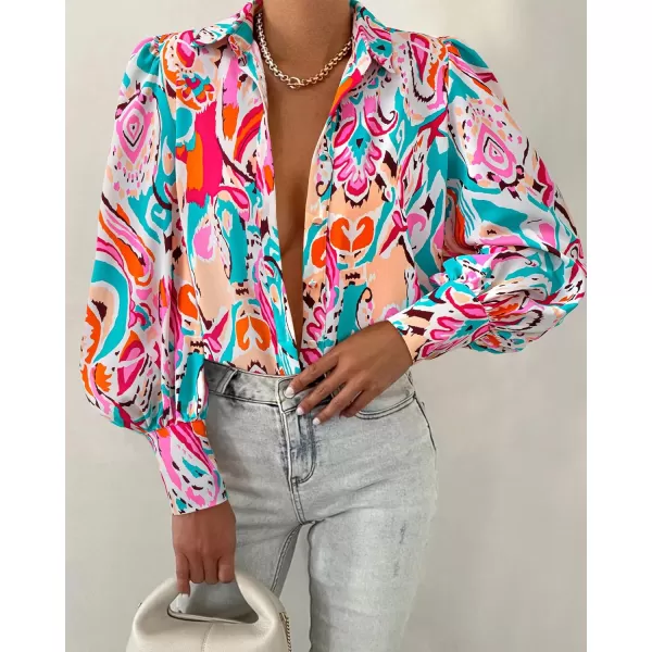 BTFBM Women Fashion Button Down Shirts Lapel V Neck Printed Solid Boho Long Sleeve Blouses Dressy Casual Summer Fall TopMulti Pink Green