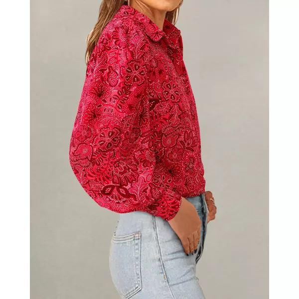 BTFBM Women Fashion Button Down Shirts Lapel V Neck Printed Solid Boho Long Sleeve Blouses Dressy Casual Summer Fall TopMulti Red