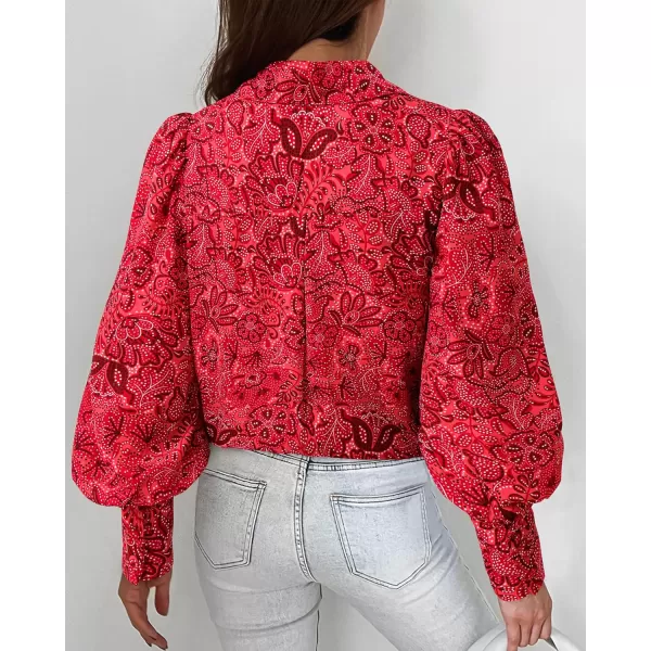 BTFBM Women Fashion Button Down Shirts Lapel V Neck Printed Solid Boho Long Sleeve Blouses Dressy Casual Summer Fall TopMulti Red