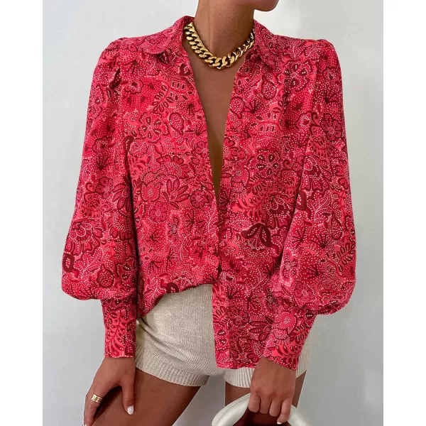 BTFBM Women Fashion Button Down Shirts Lapel V Neck Printed Solid Boho Long Sleeve Blouses Dressy Casual Summer Fall TopMulti Red