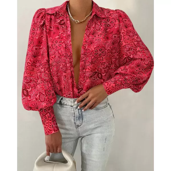 BTFBM Women Fashion Button Down Shirts Lapel V Neck Printed Solid Boho Long Sleeve Blouses Dressy Casual Summer Fall TopMulti Red