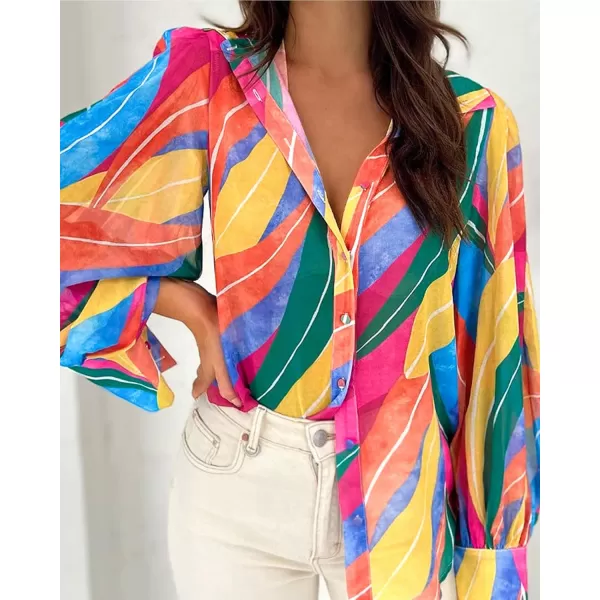 BTFBM Women Fashion Button Down Shirts Lapel V Neck Printed Solid Boho Long Sleeve Blouses Dressy Casual Summer Fall TopMulticolored