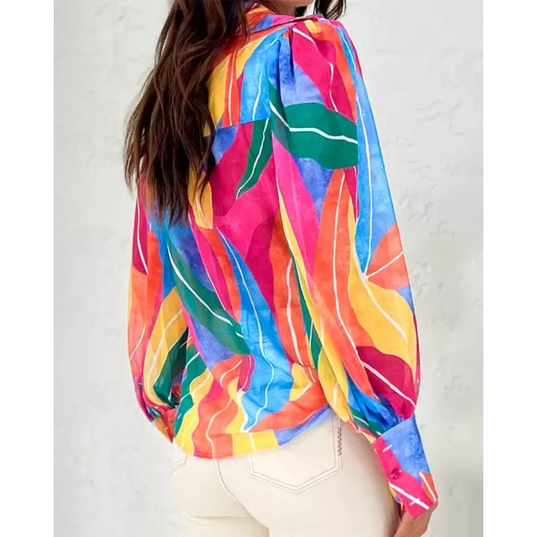 BTFBM Women Fashion Button Down Shirts Lapel V Neck Printed Solid Boho Long Sleeve Blouses Dressy Casual Summer Fall TopMulticolored