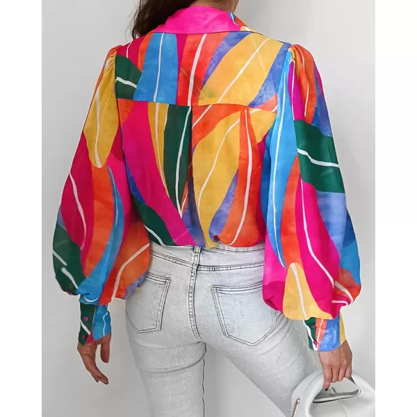 BTFBM Women Fashion Button Down Shirts Lapel V Neck Printed Solid Boho Long Sleeve Blouses Dressy Casual Summer Fall TopMulticolored